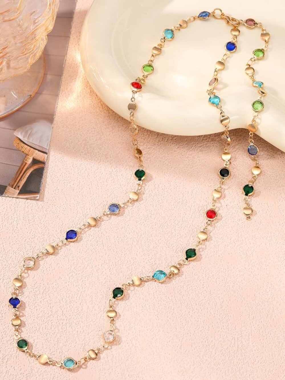 Rhinestone Necklace for Women Boho Long Y Lariat Necklace Colorful Summer Beach - Picture 2 of 6
